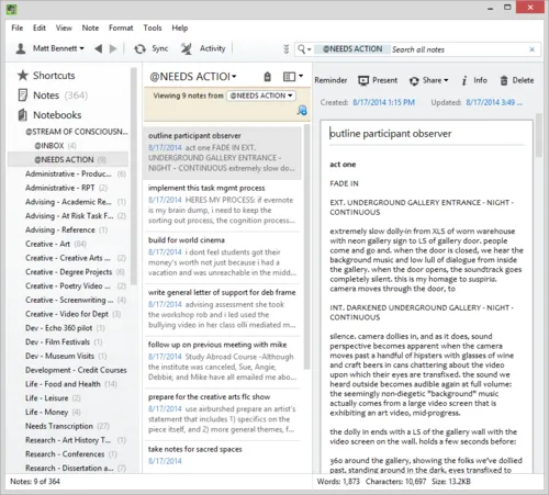 The participant observer outline in Evernote at the beat-outline stage
