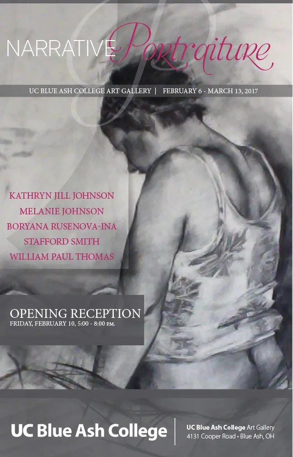 Poster for Narrative Portraiture at the UC Blue Ash College Art Gallery, 6 February to 13 March 2017, opening reception Friday 10 February, 5 to 8 pm, over a charcoal drawing of a figure seen from behind.
