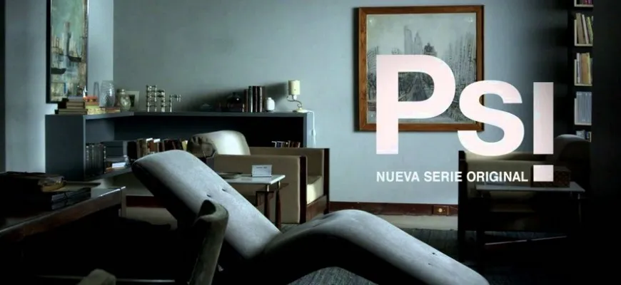 Title card for HBO Latin America’s Psi: an empty analyst’s consulting room with its couch, beside the words “Psi — nueva serie original”.