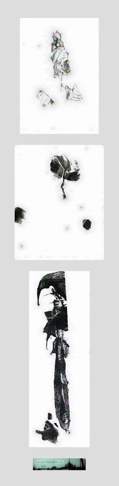 Three stacked monochrome Deep Dream images: ink-like fragments on white