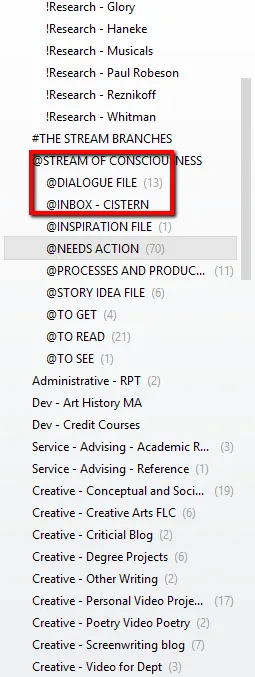 An Evernote notebook list with the @DIALOGUE FILE and @INBOX - CISTERN folders highlighted