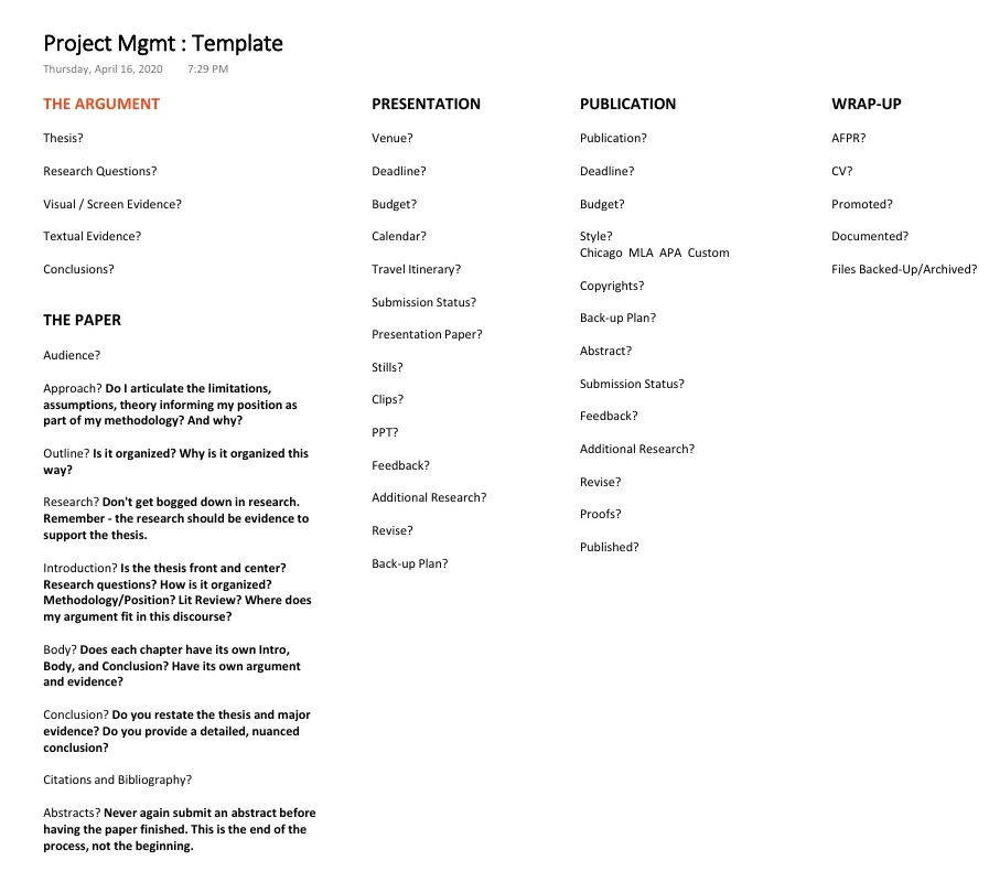 OneNote page titled Project Mgmt : Template, dated April 16, 2020, with columns for The Argument, The Paper, Presentation, Publication and Wrap-Up