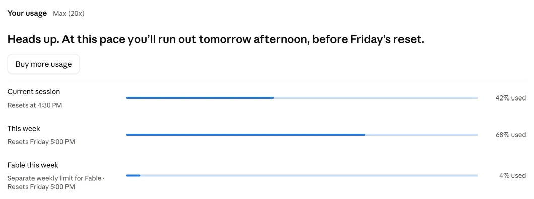 Claude usage page on a Max plan: Heads up. At this pace you’ll run out tomorrow afternoon, before Friday’s reset. This week 68 percent used